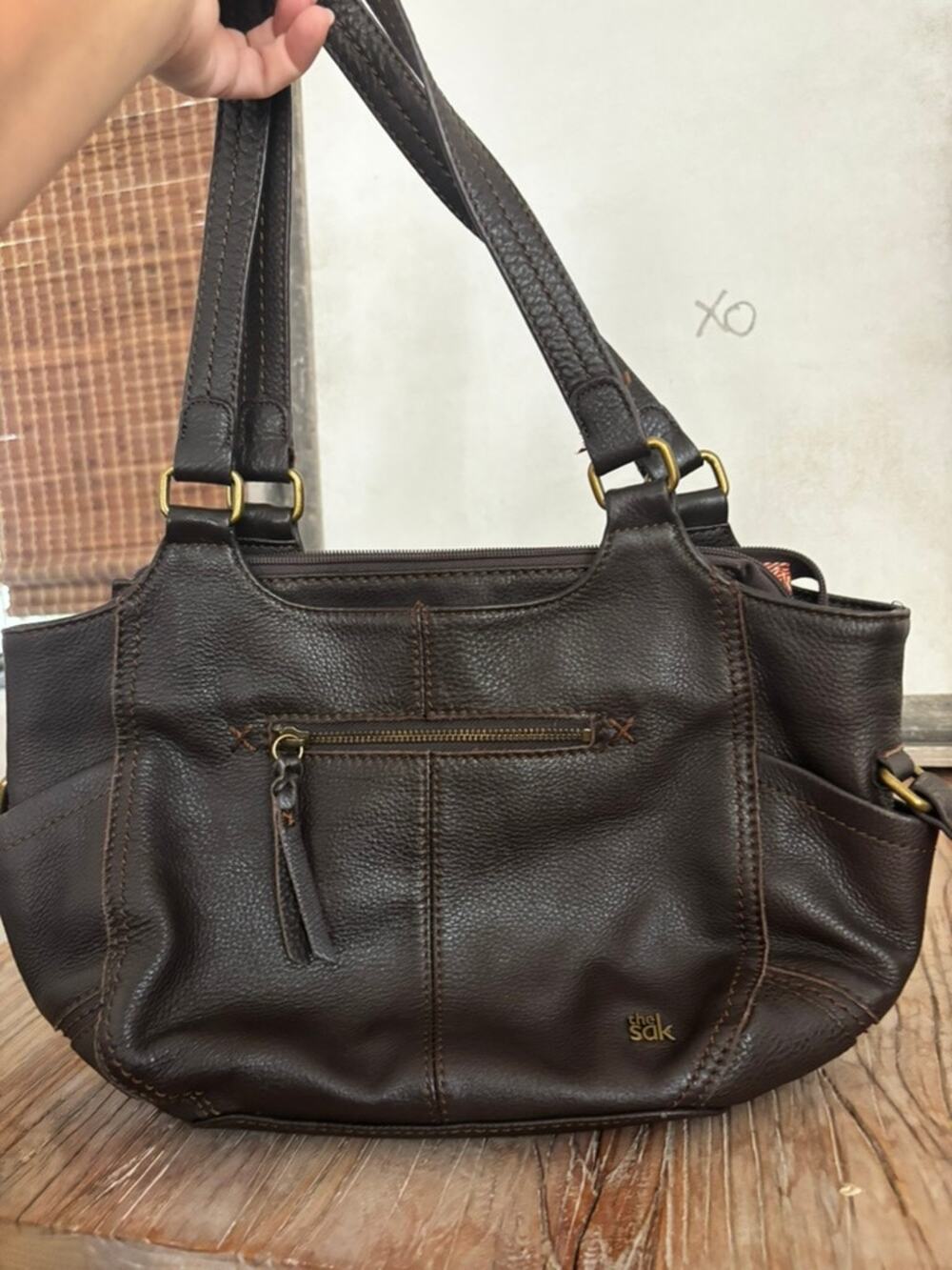 The Sak Dark Brown Pebbled Leather Shoulder Bag Tote Purse Zip Pockets